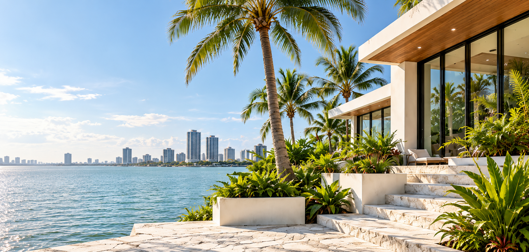 Modern South Florida waterfront architecture with palms and ivory stone